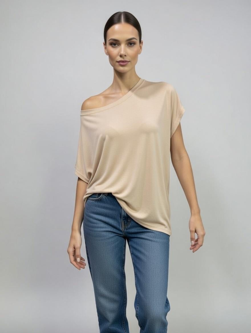 The Relaxed Off-the-Shoulder Top - Beige