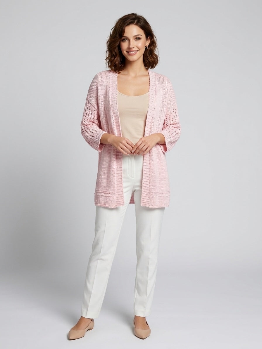 Textured Knit Open Front Cardigan - Soft Pink