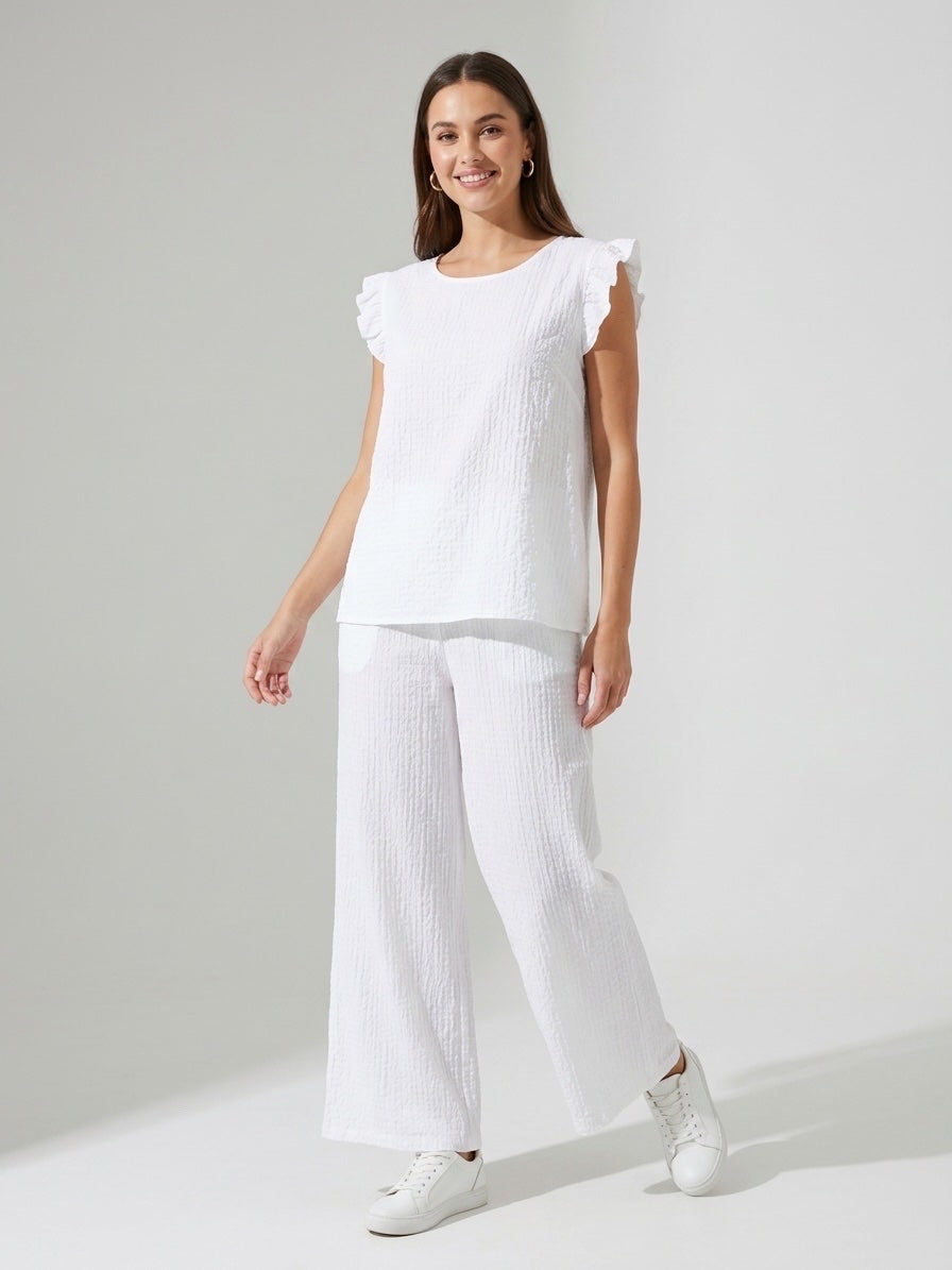 Gingham Ruffled Sleeve Set - White