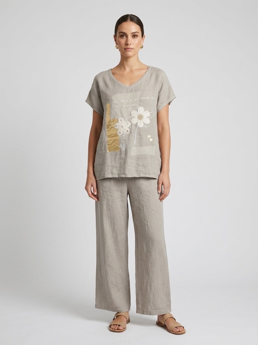 Linen Set with Floral Embellished Tee and Wide-Leg Trousers - Mocha