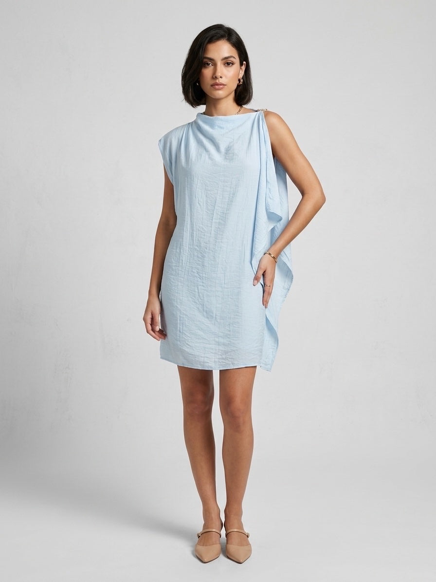 Asymmetric Draped Minidress - Sky Blue