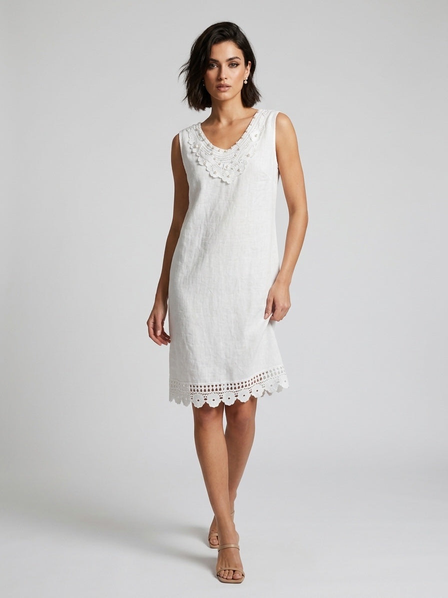 Linen Dress with Crochet & Pearl Embellishments - White