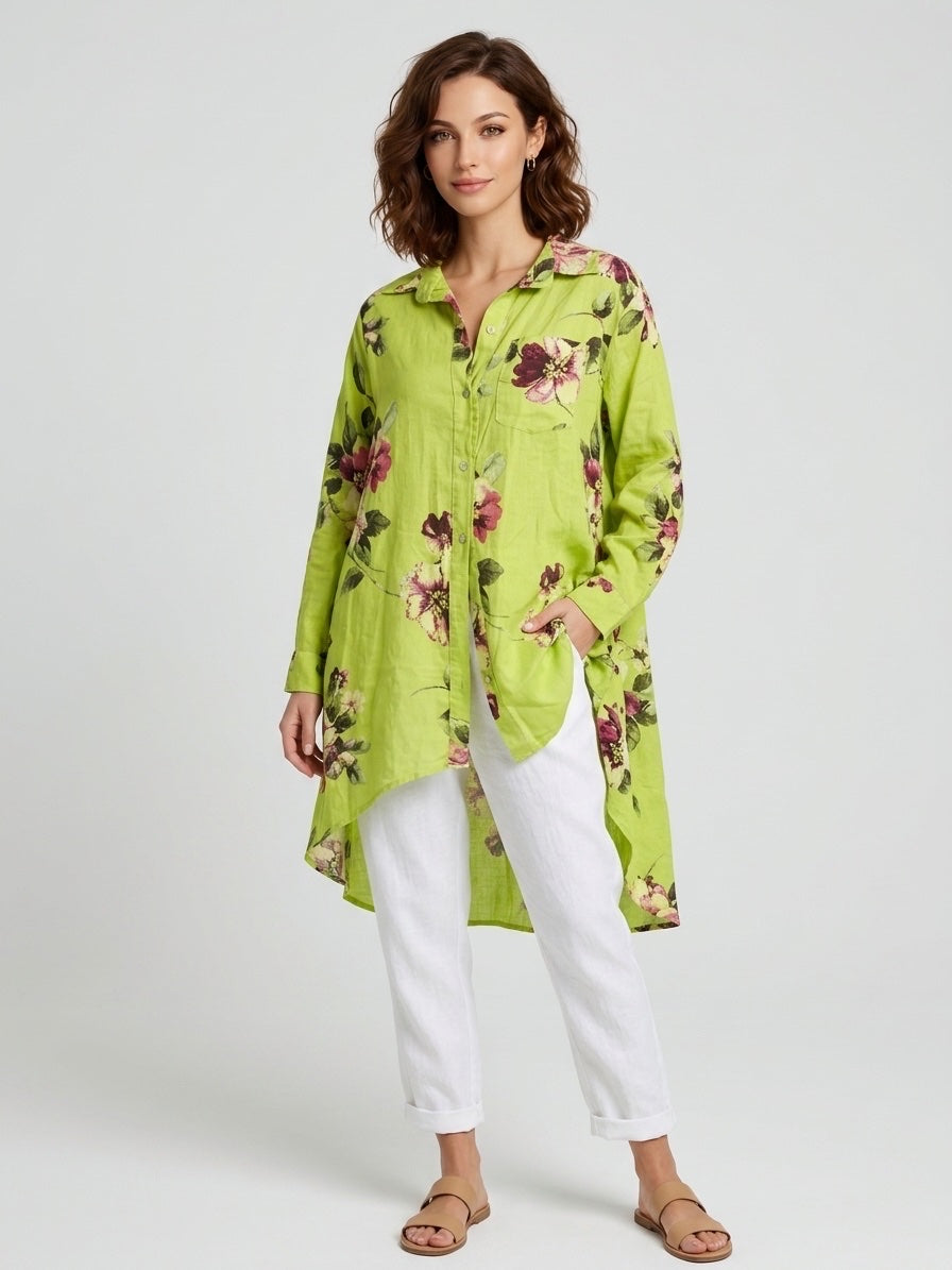 Floral Print Linen Tunic Shirt - Lime Flower