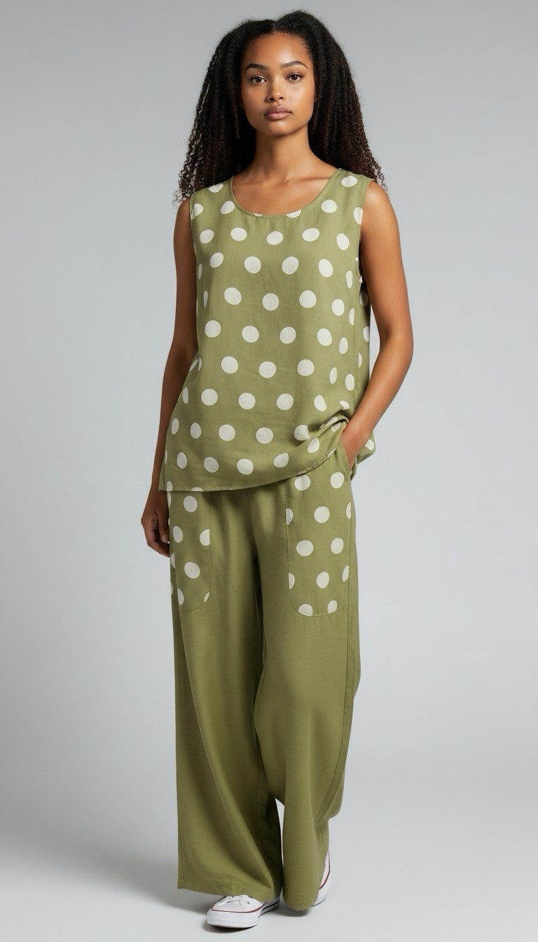 Polka Dot Sleeveless Top and Wide Leg Trouser Set - Pistashio