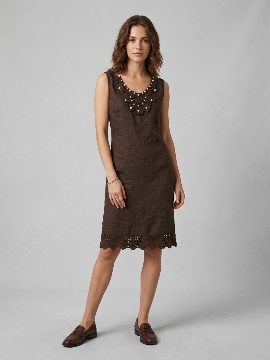 Linen Dress with Crochet & Pearl Embellishments - Brown