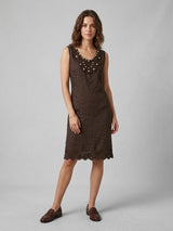 Linen Dress with Crochet & Pearl Embellishments - Brown
