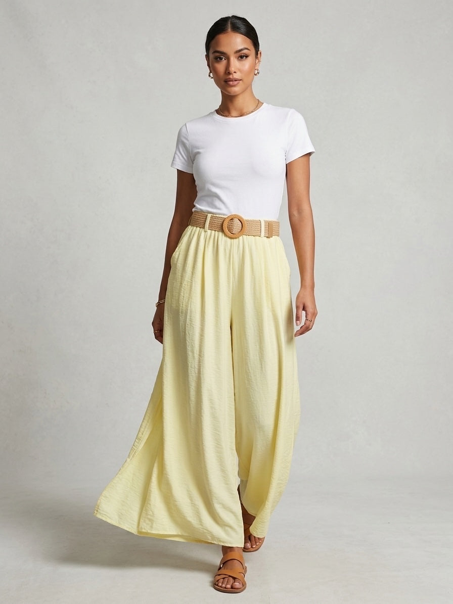 Linen Blend Wide Leg Trousers - Lemon