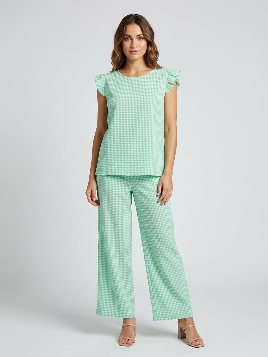 Gingham Ruffled Sleeve Set - Mint