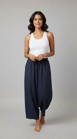 Flowing Wide-Leg Linen Blend Pants - Navy