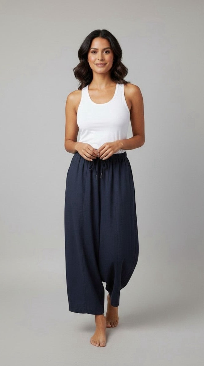 Flowing Wide-Leg Linen Blend Pants - Navy