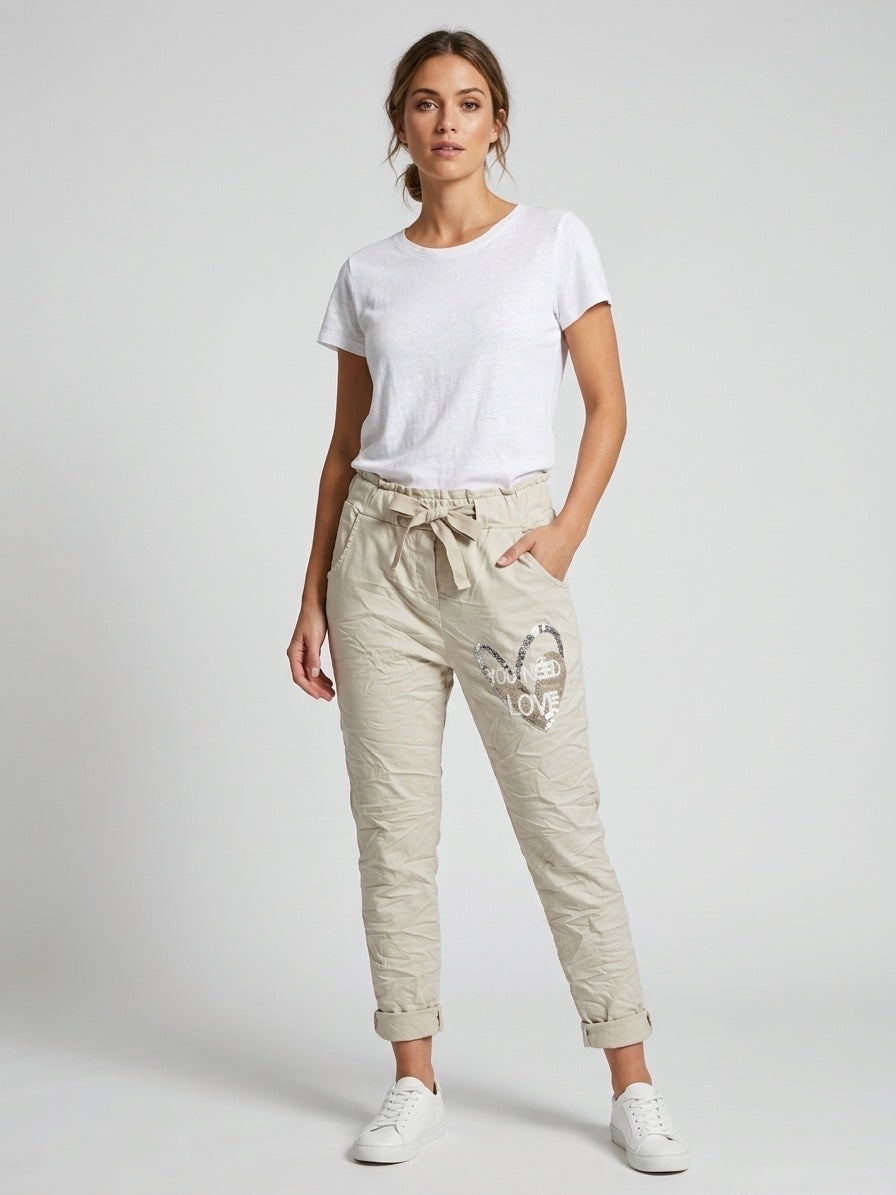 Sparkling Heart Crushed Effect Trousers - Beige