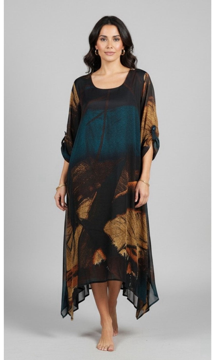 Abstract Print Chiffon Handkerchief Hem Dress - Teal104b