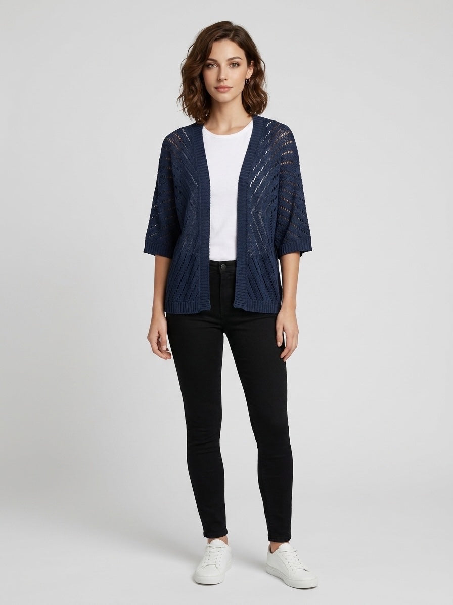 Open-Knit Relaxed Cardigan - Navy
