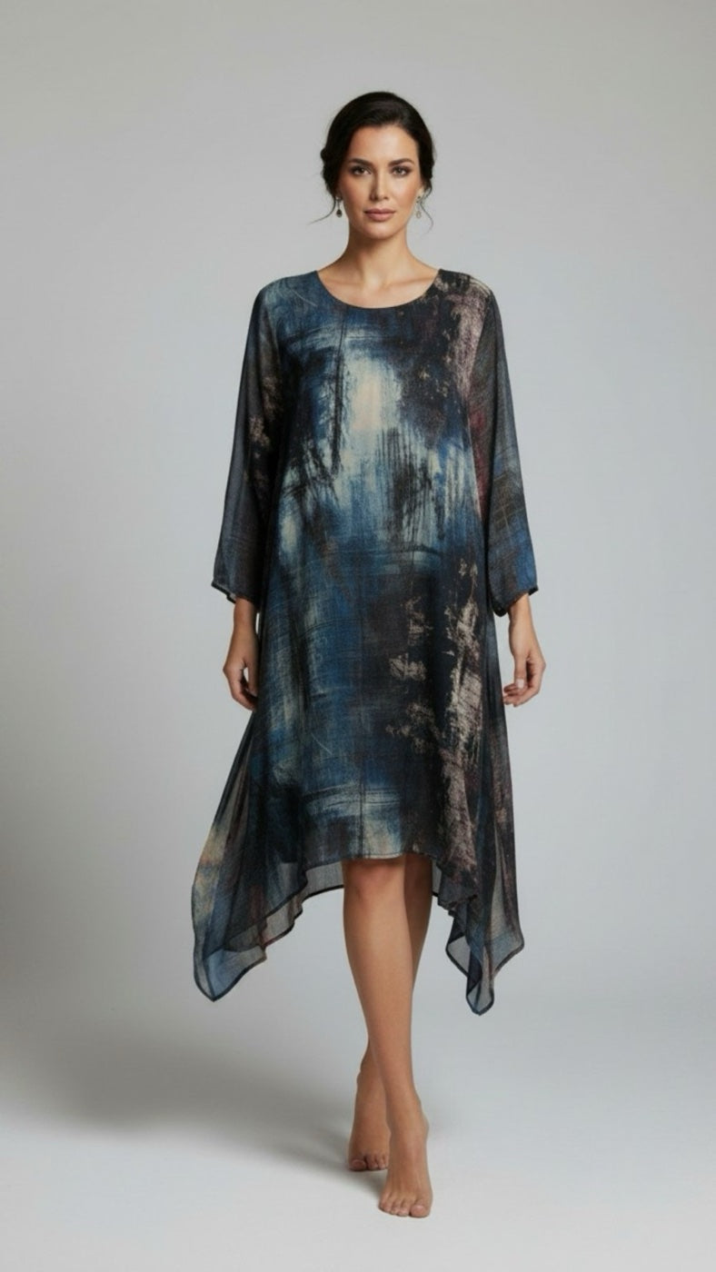 Abstract Print Chiffon Handkerchief Hem Dress - Teal104a