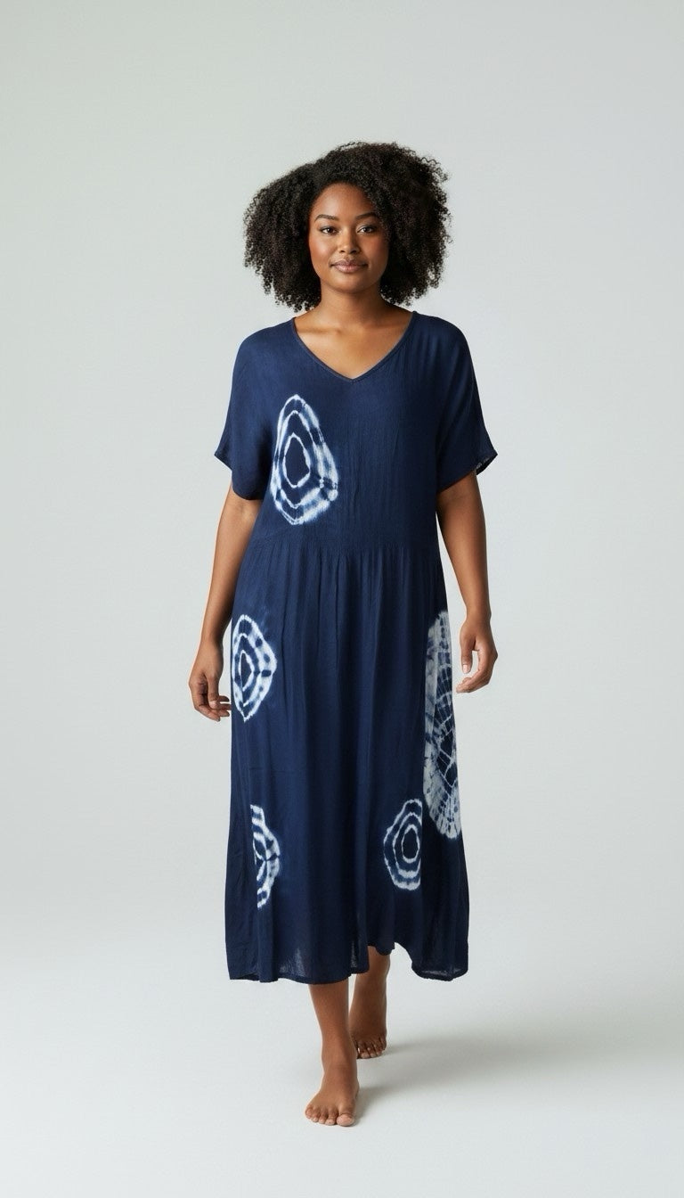 Smocked Bodice Midi Dress - Navy