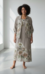 Floral Print Linen Dress and Jacket Set - Mocha
