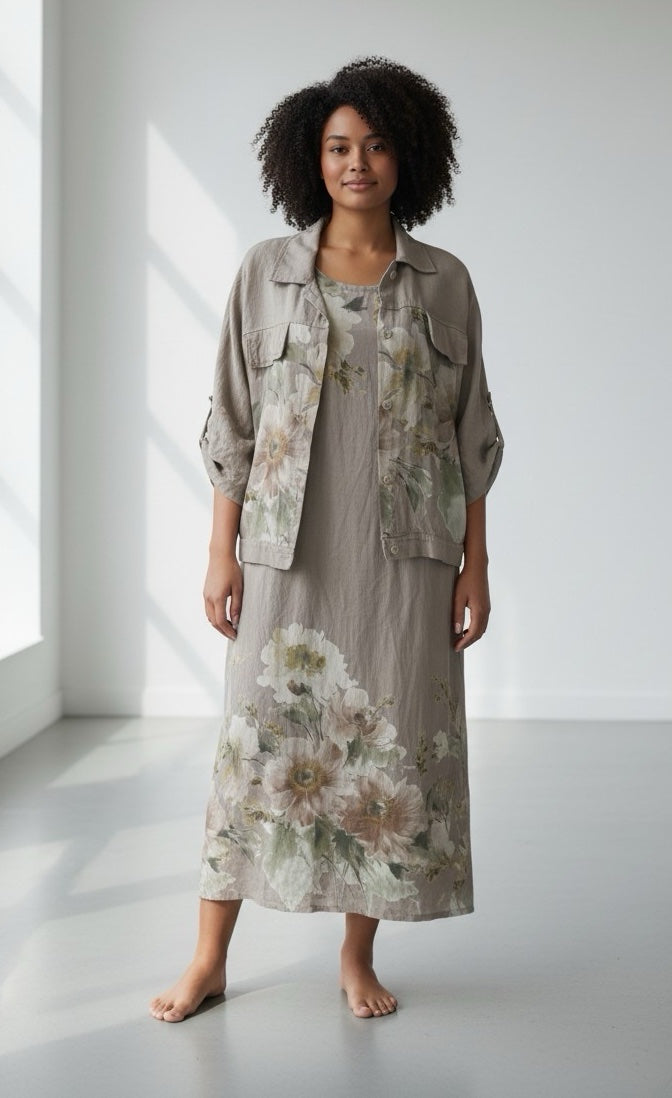 Floral Print Linen Dress and Jacket Set - Mocha