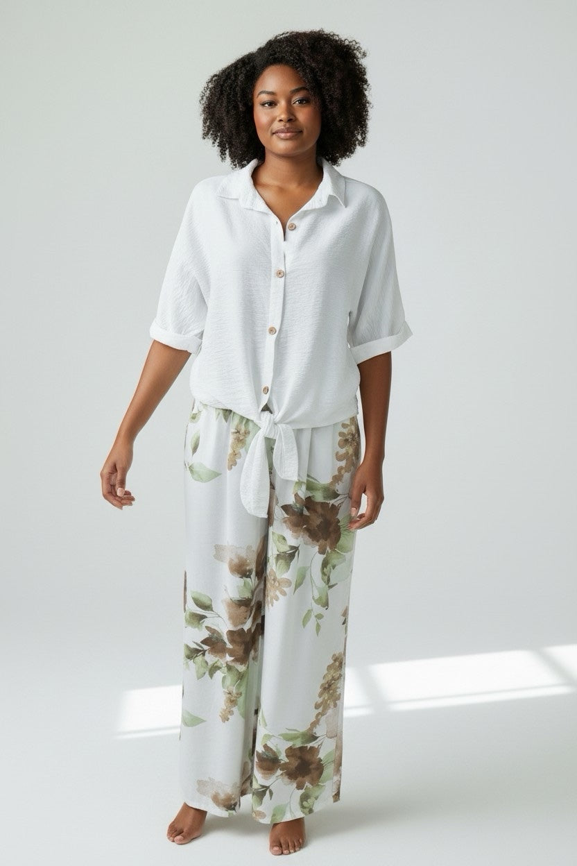 Painterly Floral Linen Blend Shirt & Trouser Set - White