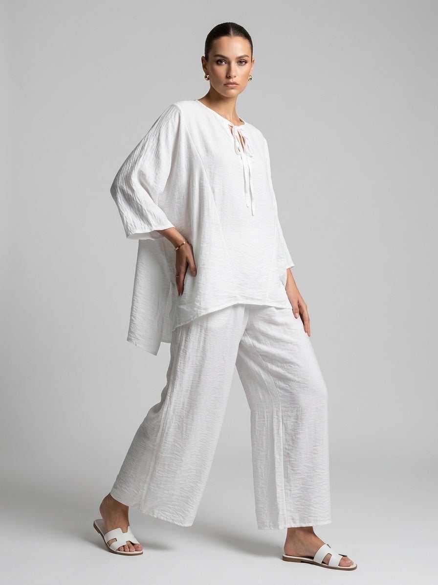 Effortless Crinkle Wide-Leg Trousers - White