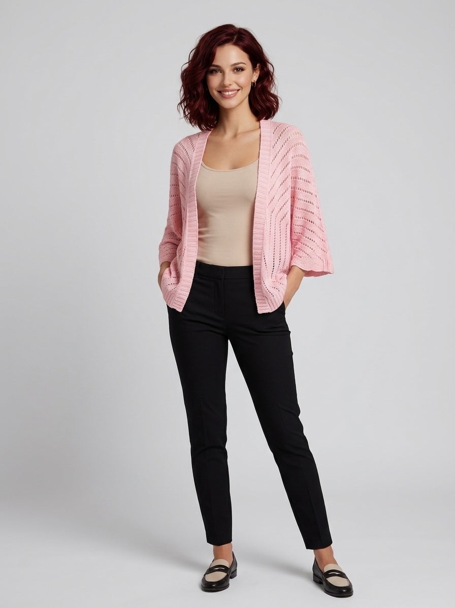 Open-Knit Relaxed Cardigan - Pink