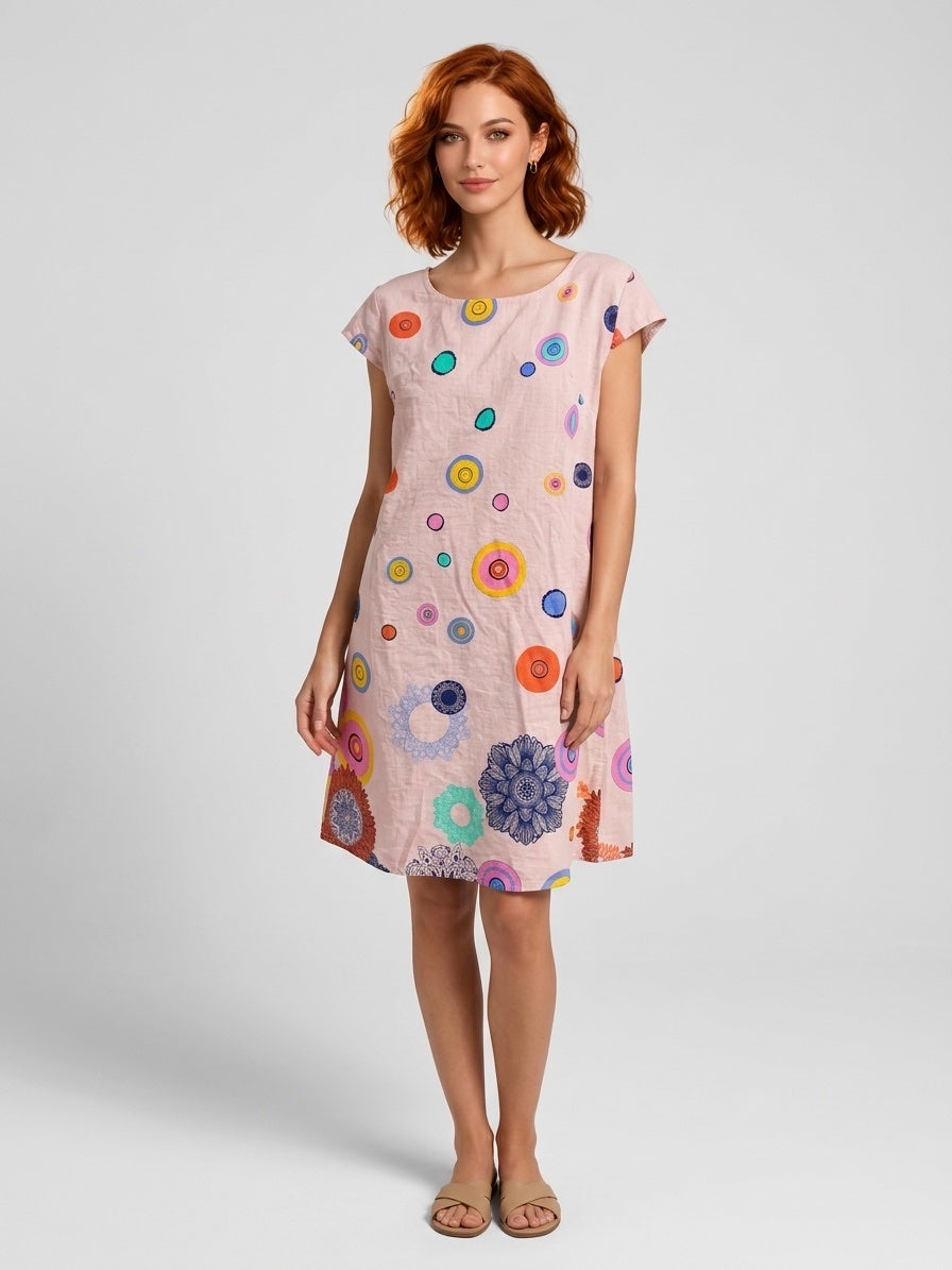 Abstract Circle Print Linen Dress - Soft Pink