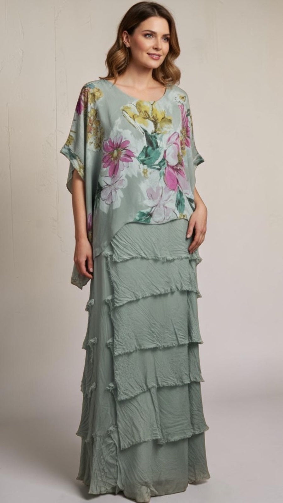 Floral Layered Shredded Maxi - Khaki