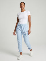 Sparkling Heart Crushed Effect Trousers - Sky Blue