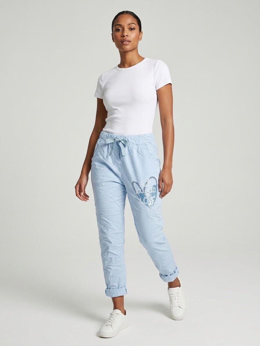 Sparkling Heart Crushed Effect Trousers - Sky Blue