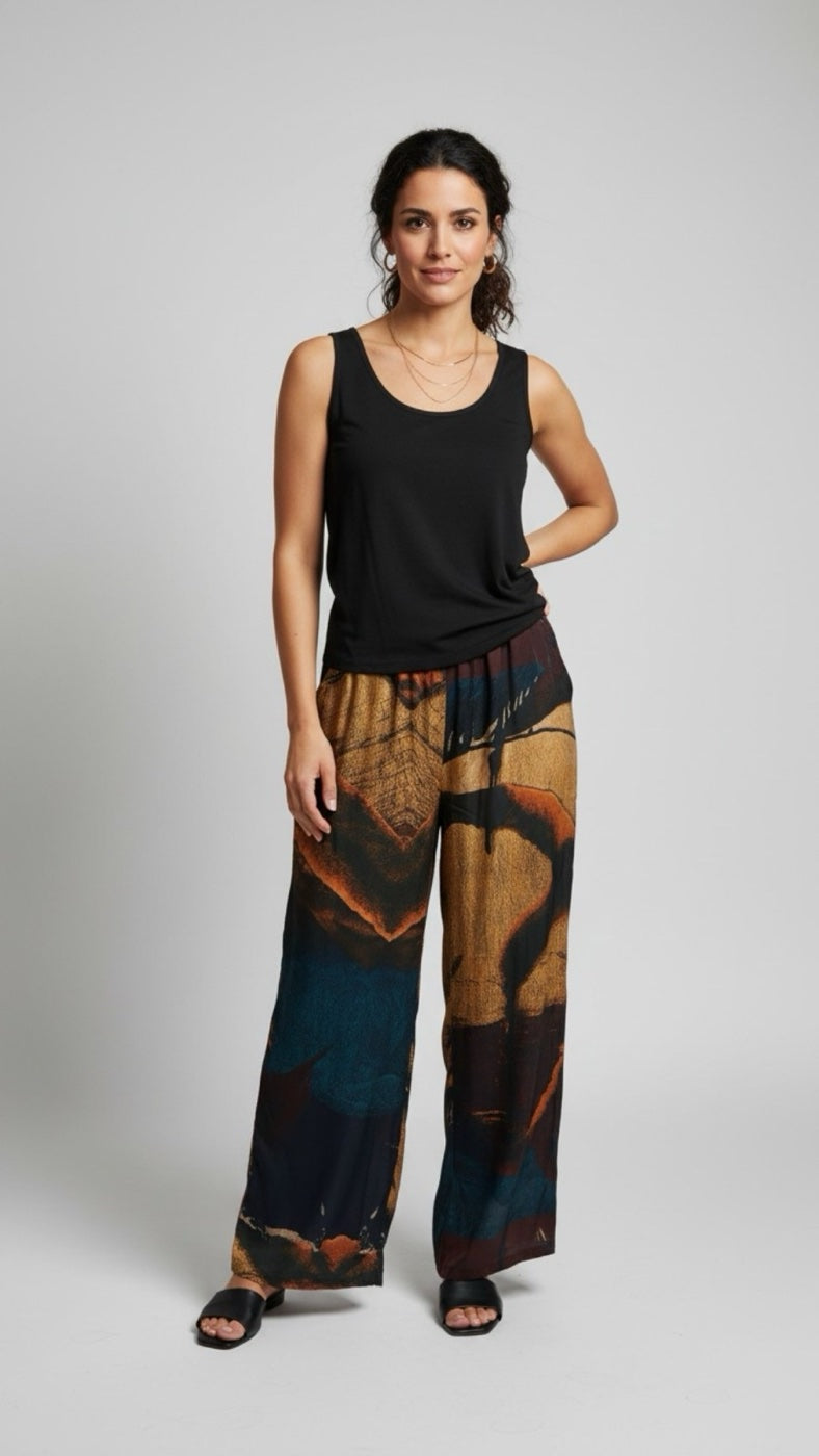 Abstract Print Wide-Leg Trousers - Teal106b