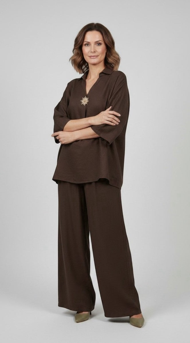 Wide-Leg Trouser Set with Embellished Collared Top - Brown
