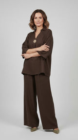 Wide-Leg Trouser Set with Embellished Collared Top - Brown
